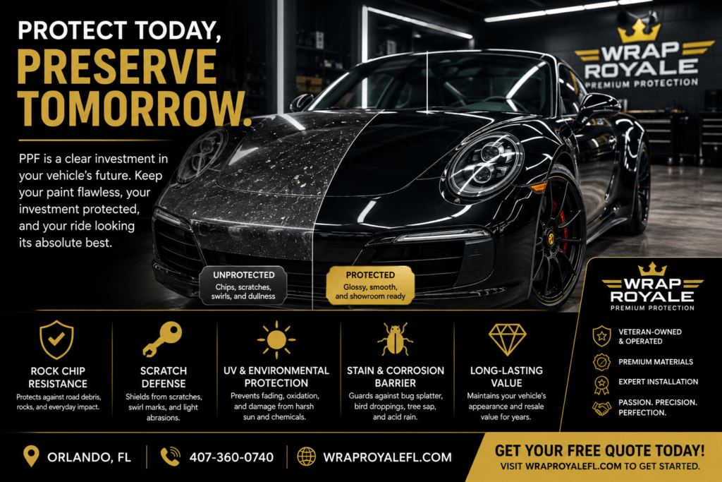 Professional installer applying Paint Protection Film (PPF) to the front hood and headlight of a luxury black vehicle, illustrating protection against rock chips, scratches, UV damage, bug splatter, and road debris.