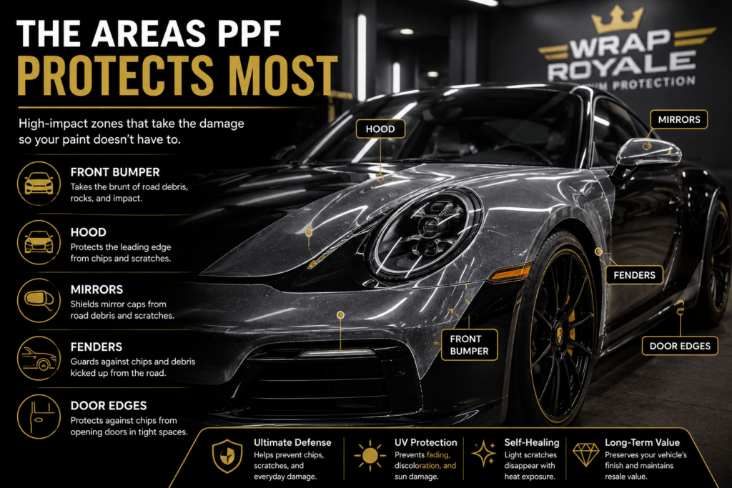 Professional infographic showing the areas of a luxury sports car most commonly protected by Paint Protection Film (PPF), including the front bumper, hood, mirrors, fenders, and door edges, illustrating how PPF helps prevent rock chips, scratches, UV damage, and everyday road wear.