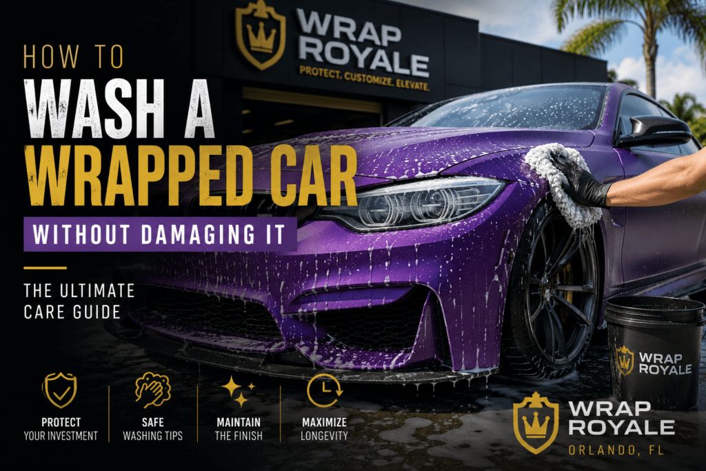 Purple vinyl-wrapped luxury sports car being safely hand washed with microfiber mitts and pH-neutral soap at Wrap Royale in Orlando, Florida, demonstrating proper wrapped car care and maintenance.