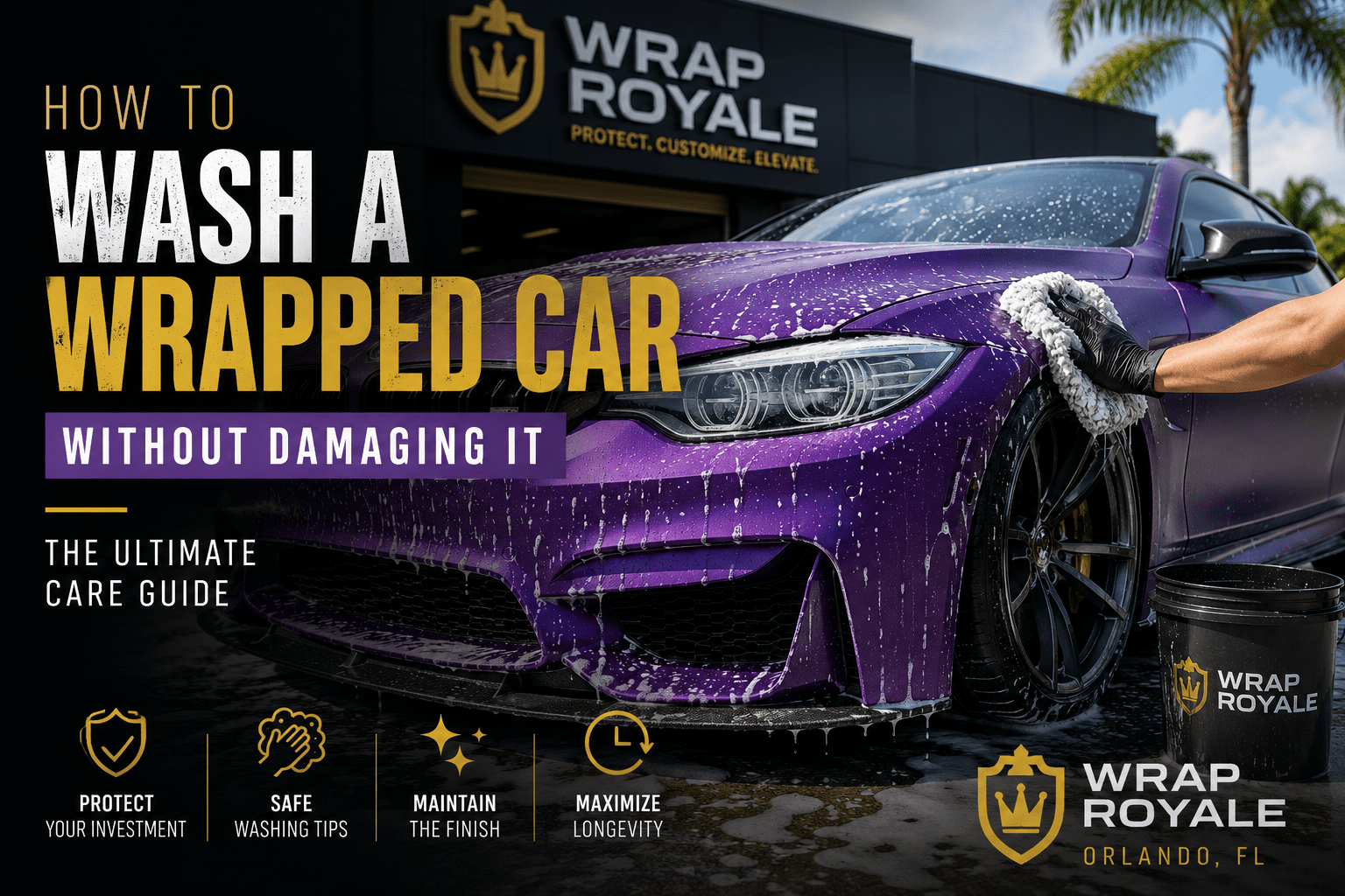 Purple vinyl-wrapped luxury sports car being safely hand washed with microfiber mitts and pH-neutral soap at Wrap Royale in Orlando, Florida, demonstrating proper wrapped car care and maintenance.