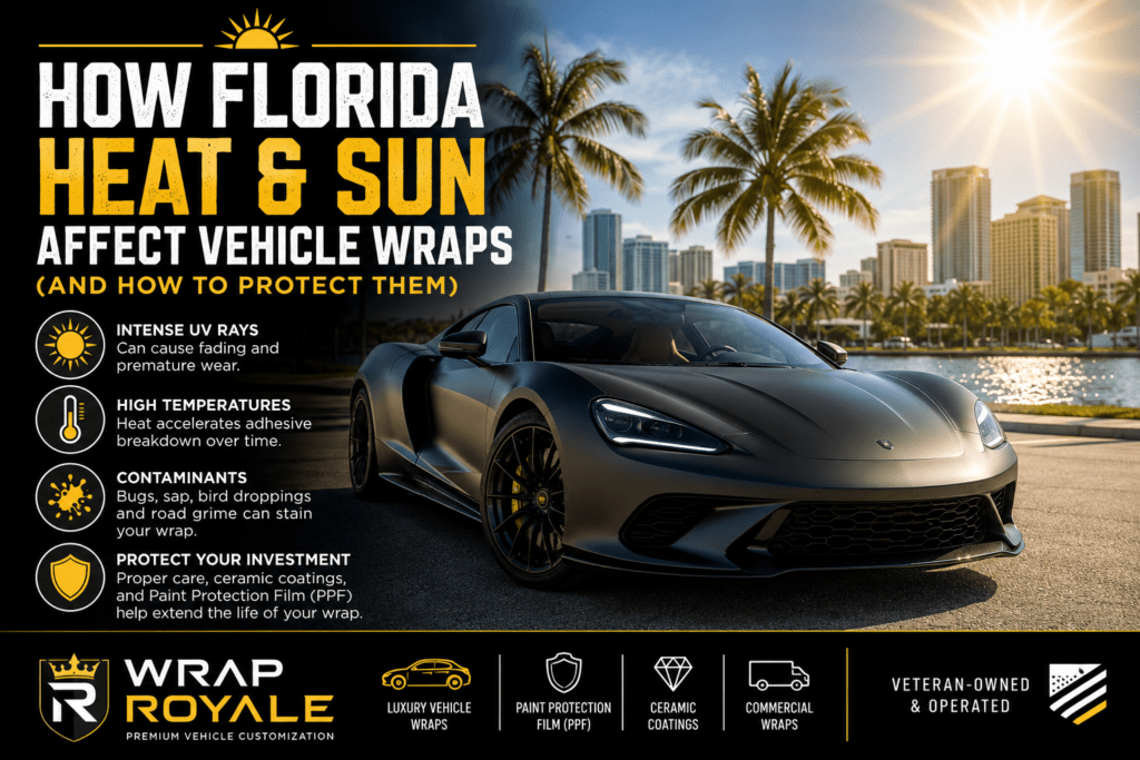 Luxury matte black wrapped sports car in Orlando, Florida, showing how Florida heat, sun and UV rays affect vehicle wraps, with protection tips from Wrap Royale.