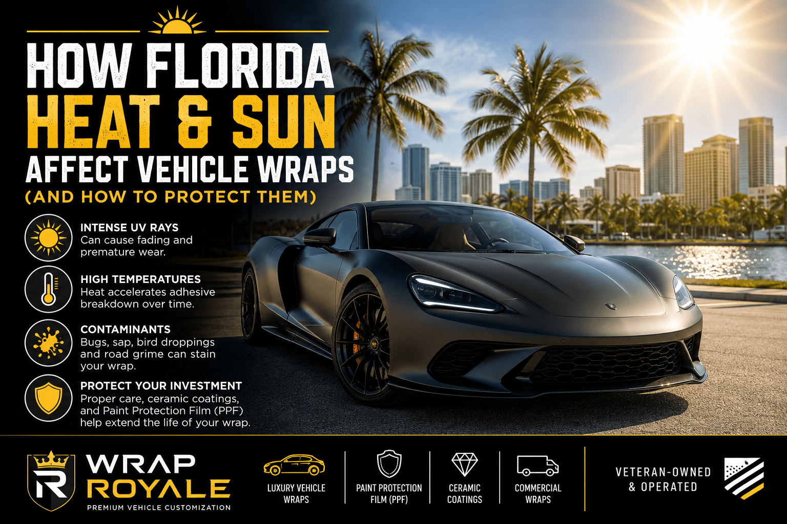 Luxury matte black wrapped sports car in Orlando, Florida, showing how Florida heat, sun and UV rays affect vehicle wraps, with protection tips from Wrap Royale.