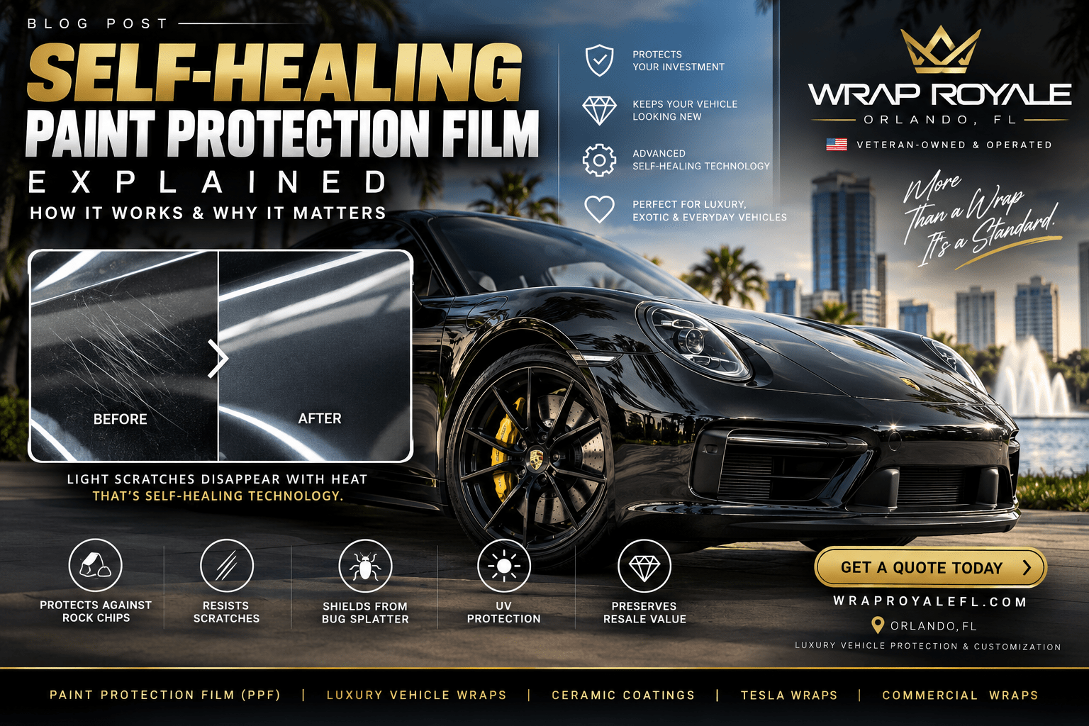 Self-healing paint protection film (PPF) on a luxury sports car in Orlando, FL, showcasing scratch protection and self-healing technology by Wrap Royale.