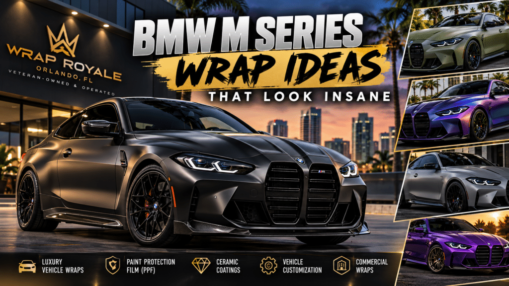 BMW M Series wrap ideas featuring satin black BMW M4, matte military green, metallic purple, and frozen gray luxury vehicle wraps by Wrap Royale, a veteran-owned car wrap and PPF shop in Orlando, Florida.